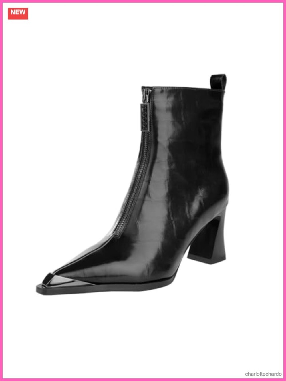Womens Ankle Boots Low Chunky Heel Patent Leather Pointed Toe Front Zipper Fall